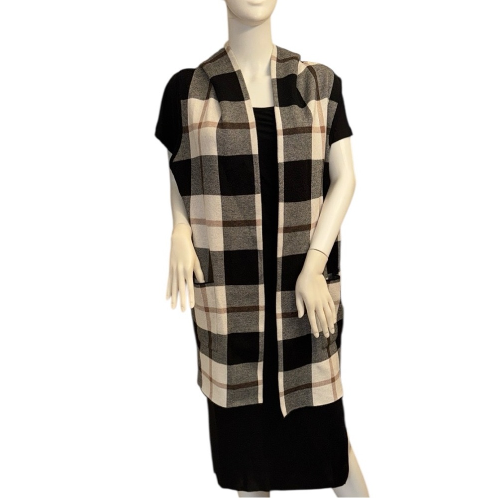 Max Studio Black and White Plaid Hooded Cardigan Extra Large